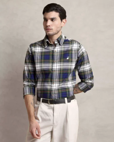 The Rawal: Slim Fit Checkered Olive-Navy Plaid Shirt with Embroidery