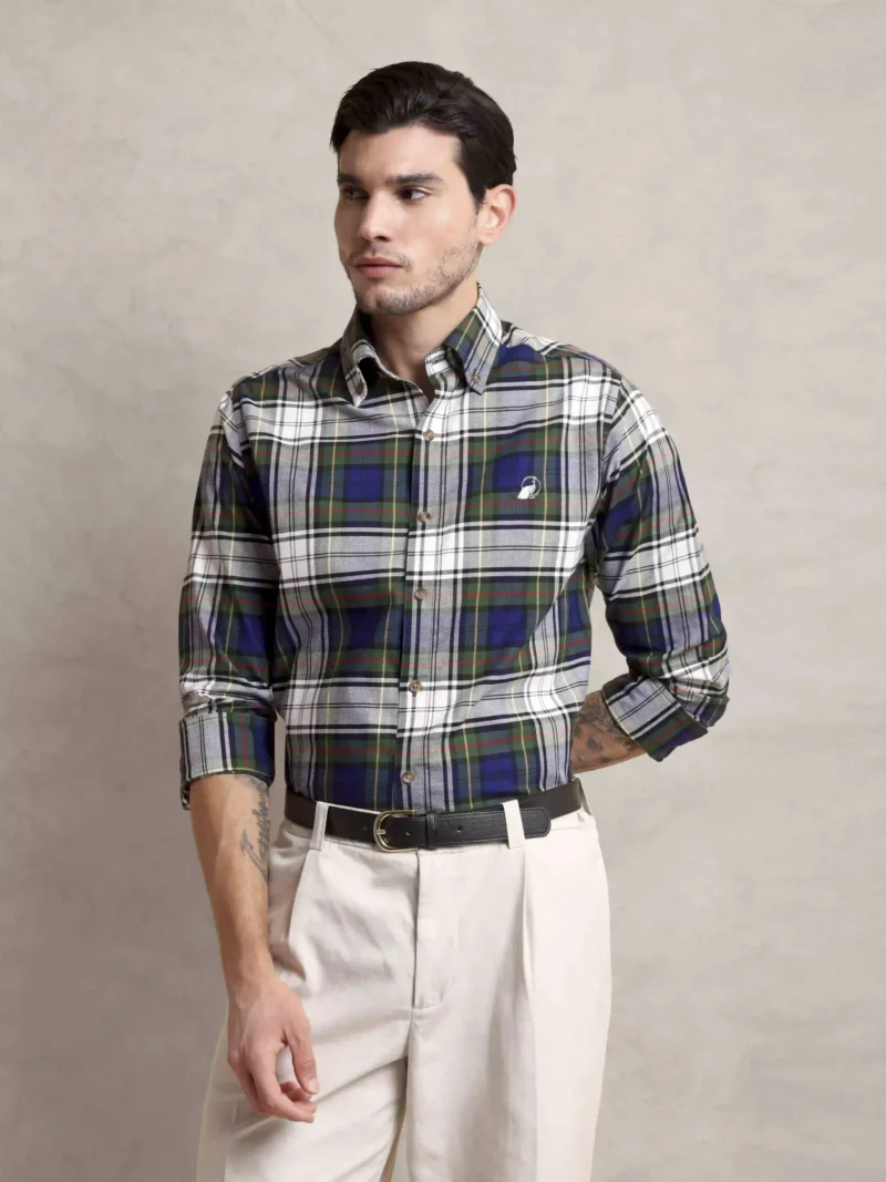 The Rawal: Regular Fitted Checkered Olive-Navy Plaid Shirt with Embroidery