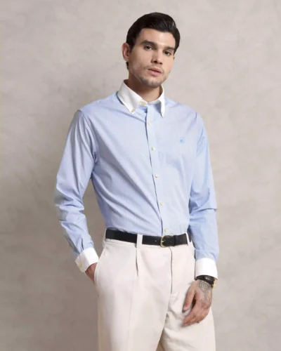 The Rawal: Slim Fit Egyptian Giza Cotton Striped Powder Blue Shirt with Embroidery