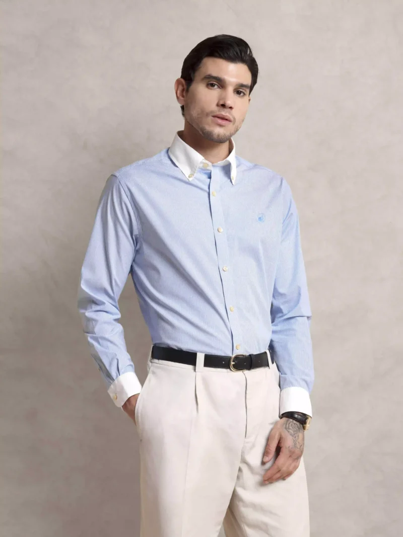 The Rawal: Regular fitted Egyptian Giza Cotton Striped Powder Blue Shirt with Embroidery