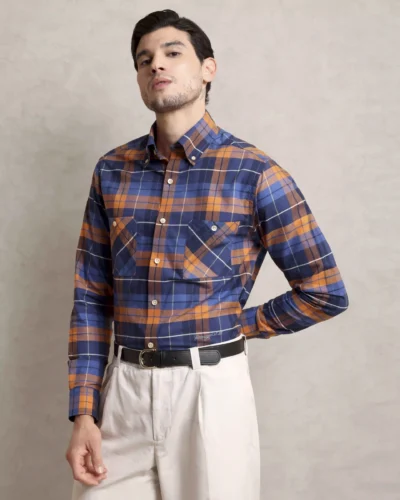 The Karikala: Slim Fit Checkered Orange Double Pocket Shirt with Embroidery