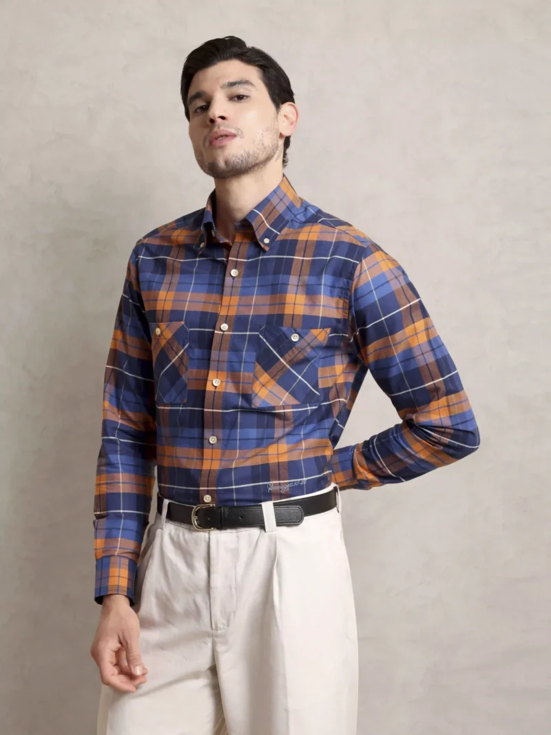 The Karikala: Regular Fitted Checkered Orange Double Pocket Shirt with Embroidery