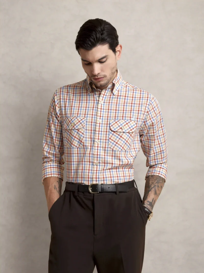 The Karikala: Regular Fitted Poplin Double Pocket Summer Check Shirt with Embroidery