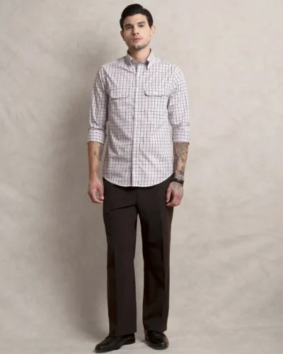 The Karikala: Slim Fit Checkered Poplin Salmon Double Pocket Shirt with Embroidery