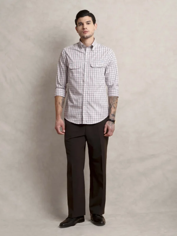 The Karikala: Regular Fitted Checkered Poplin Salmon Double Pocket Shirt with Embroidery