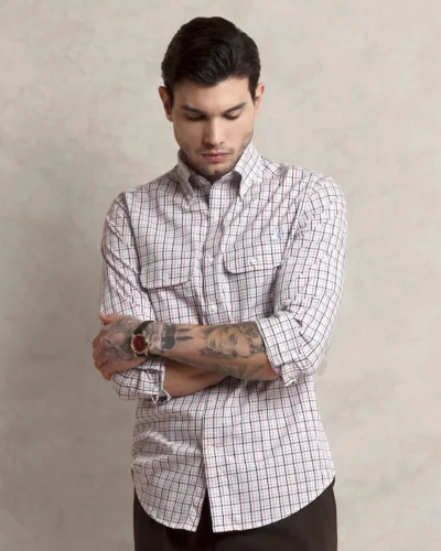 The Karikala: Slim Fit Checkered Poplin Salmon Double Pocket Shirt with Embroidery