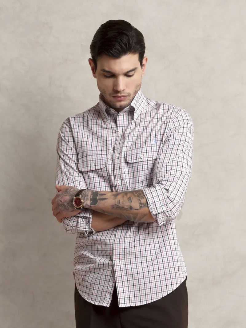 The Karikala: Regular Fitted Checkered Poplin Salmon Double Pocket Shirt with Embroidery