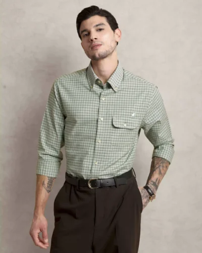 The Udai: Slim Fit Supima Cotton Checkered Pistachio Single Pocket Shirt with Embroidery