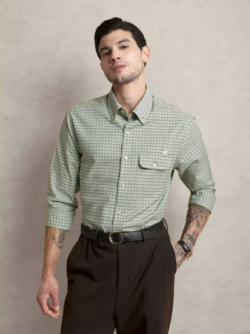 The Udai: Regular Fitted Supima Cotton Checkered Pistachio Single Pocket Shirt with Embroidery