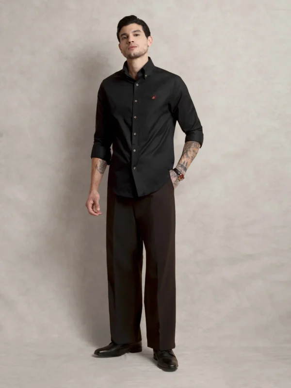 The Rawal: Regular Fitted Solid Charcoal Shirt with Embroidery