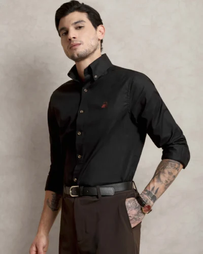 The Rawal: Slim Fit Solid Charcoal Shirt with Embroidery