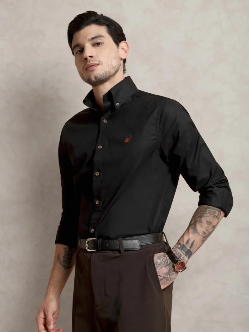 The Rawal: Regular Fitted Solid Charcoal Shirt with Embroidery