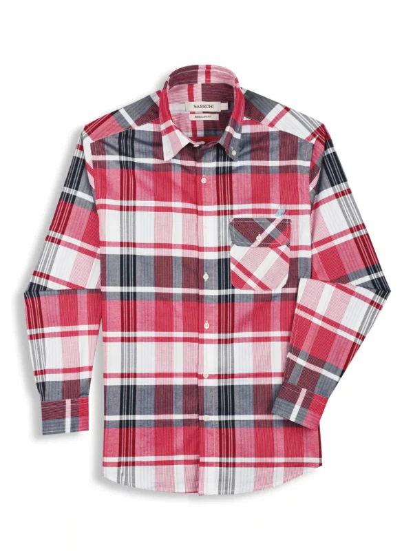 The Udai: Regular Fitted Checkered Red Single Pocket Shirt with Embroidery