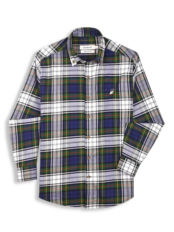 The Rawal: Regular Fitted Checkered Olive-Navy Plaid Shirt with Embroidery