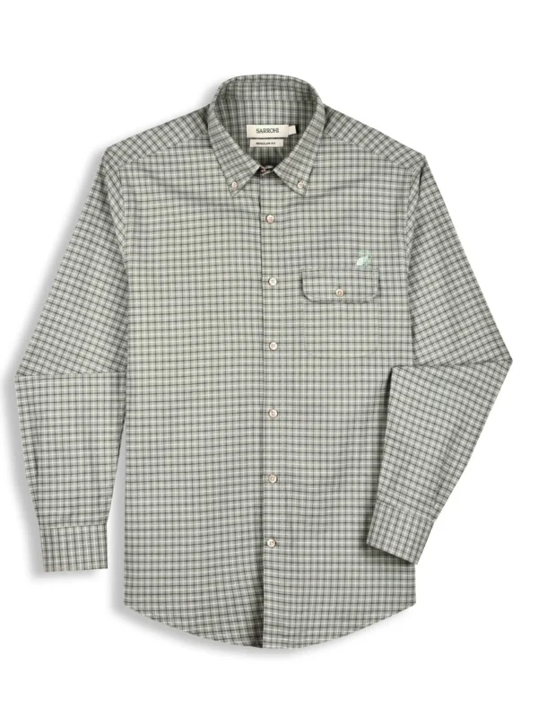 The Udai: Regular Fitted Supima Cotton Checkered Pistachio Single Pocket Shirt with Embroidery