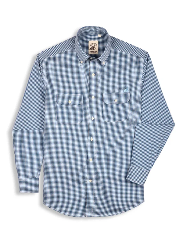 The Karikala: Regular Fitted Poplin Supima Cotton Checkered Blue Double Pocket Shirt with Embroidery