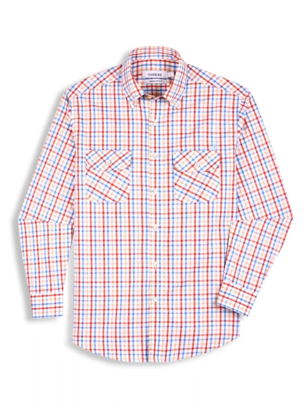 The Karikala: Regular Fitted Poplin Double Pocket Summer Check Shirt with Embroidery