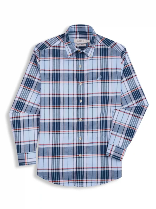 The Rawal: Regular Fitted Blue Plaid Shirt with Embroidery