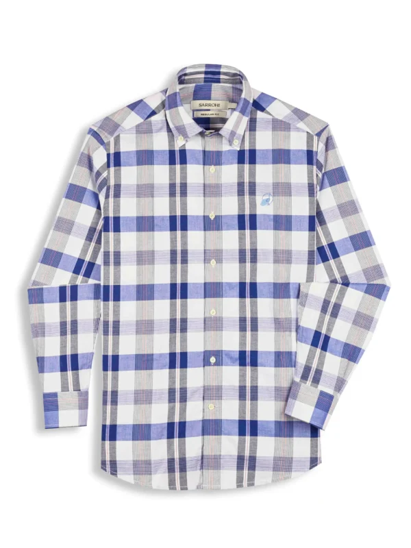The Rawal: Regular Fitted Checkered Blue Shirt with Embroidery