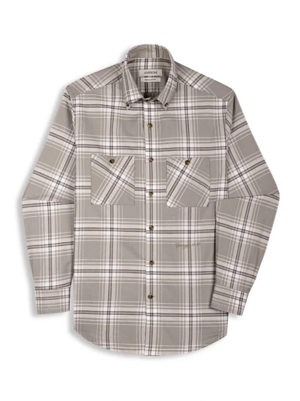 The Karikala: Regular Fitted Taupe Plaid Double Pocket Shirt with Embroidery