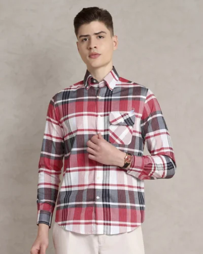The Udai: Slim Fit Checkered Red Single Pocket Shirt with Embroidery