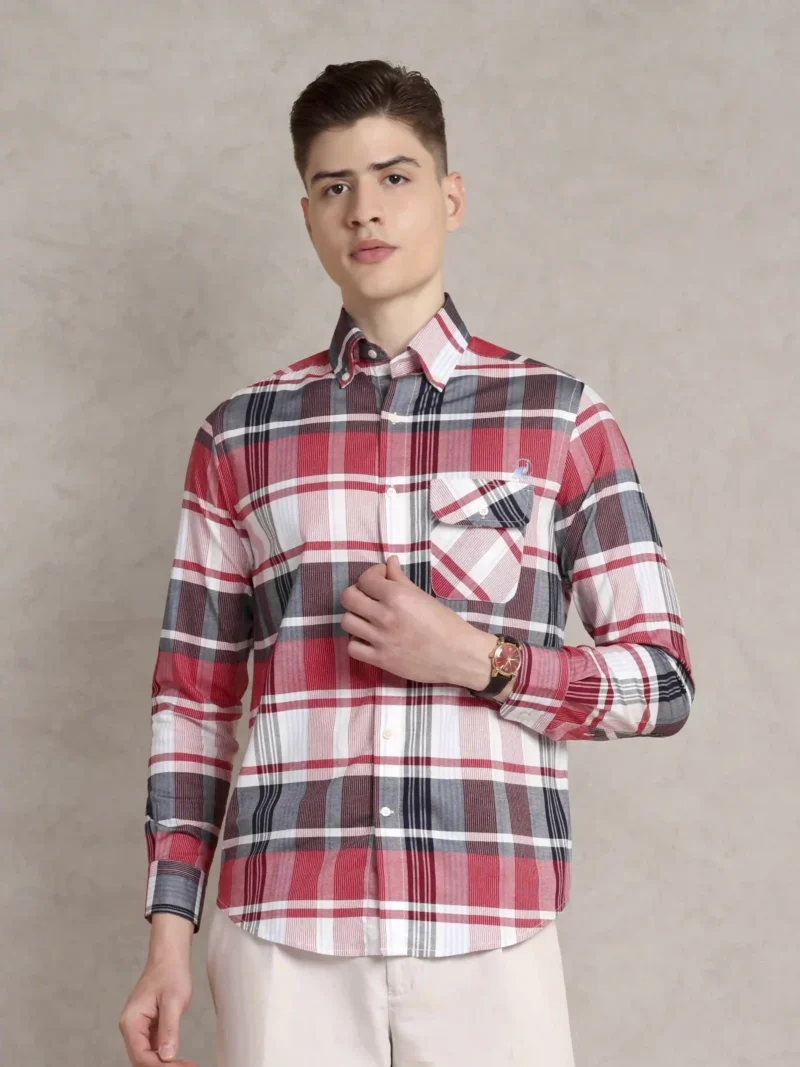 The Udai: Regular Fitted Checkered Red Single Pocket Shirt with Embroidery