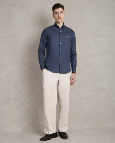 The Rawal: Slim Fit Solid  Navy Blue Shirt with Embroidery