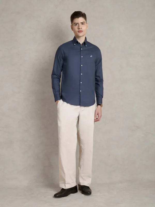 The Rawal: Regular Fitted Solid  Navy Blue Shirt with Embroidery