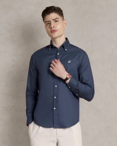 The Rawal: Slim Fit Solid  Navy Blue Shirt with Embroidery