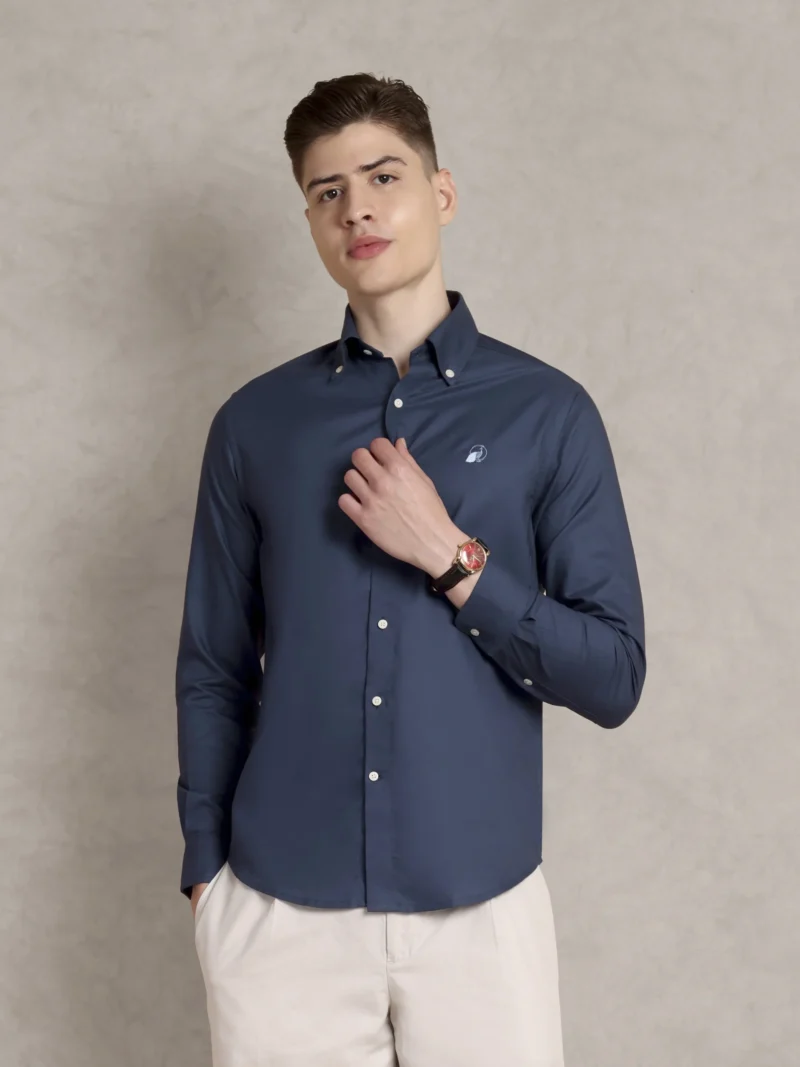 The Rawal: Regular Fitted Solid  Navy Blue Shirt with Embroidery