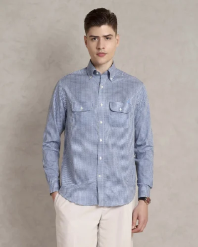 The Karikala: Slim Fit Poplin Supima Cotton Checkered Blue Double Pocket Shirt with Embroidery