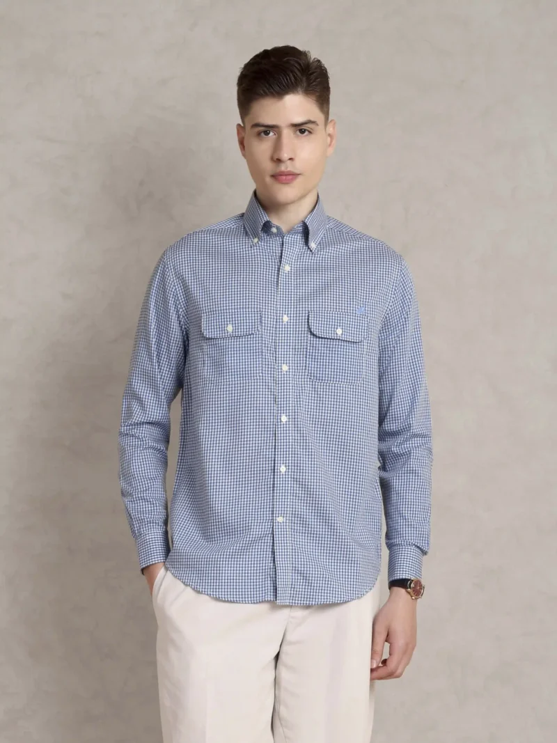 The Karikala: Regular Fitted Poplin Supima Cotton Checkered Blue Double Pocket Shirt with Embroidery