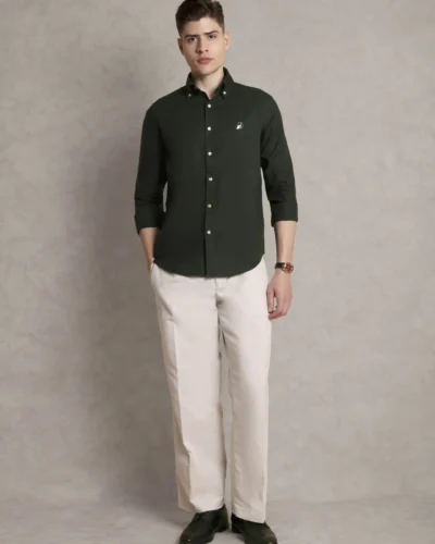 The Rawal: Slim Fit Solid Olive Green Shirt with Embroidery