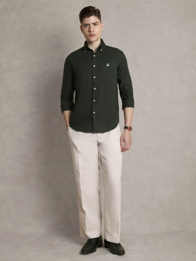 The Rawal: Regular Fitted Solid  Olive Green Shirt with Embroidery
