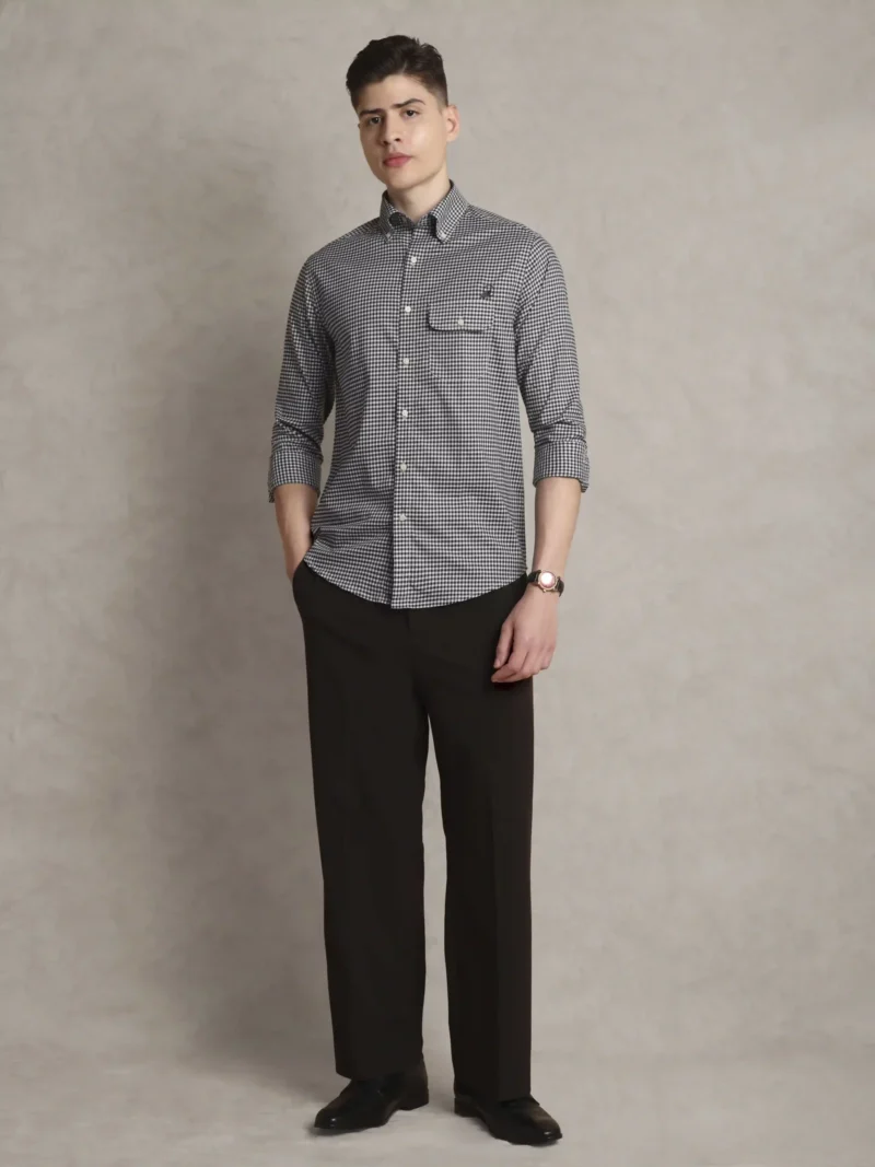 The Udai: Regular Fitted Checkered Black Pocket Shirt with Embroidery