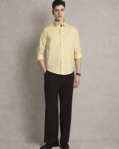The Rawal: Slim Fit Solid Yellow Shirt with Embroidery