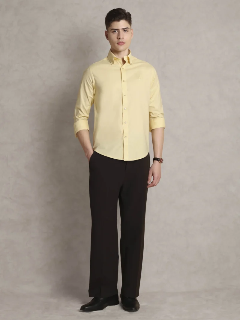 The Rawal: Regular Fitted Solid Yellow Shirt with Embroidery