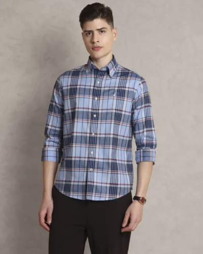 The Rawal: Slim Fit Blue Plaid Shirt with Embroidery