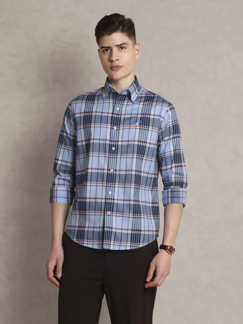 The Rawal: Regular Fitted Blue Plaid Shirt with Embroidery