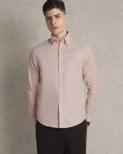 The Rawal: Slim Fit Solid Salmon Shirt with Embroidery