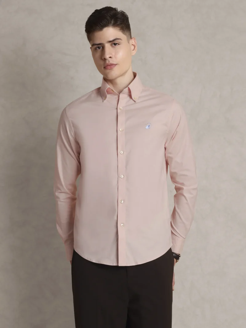 The Rawal: Regular Fitted Solid Salmon Shirt with Embroidery