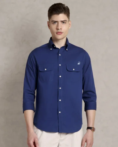 The Karikala: Slim Fit Poplin Solid Royal Blue Double Pocket Shirt with Embroidery