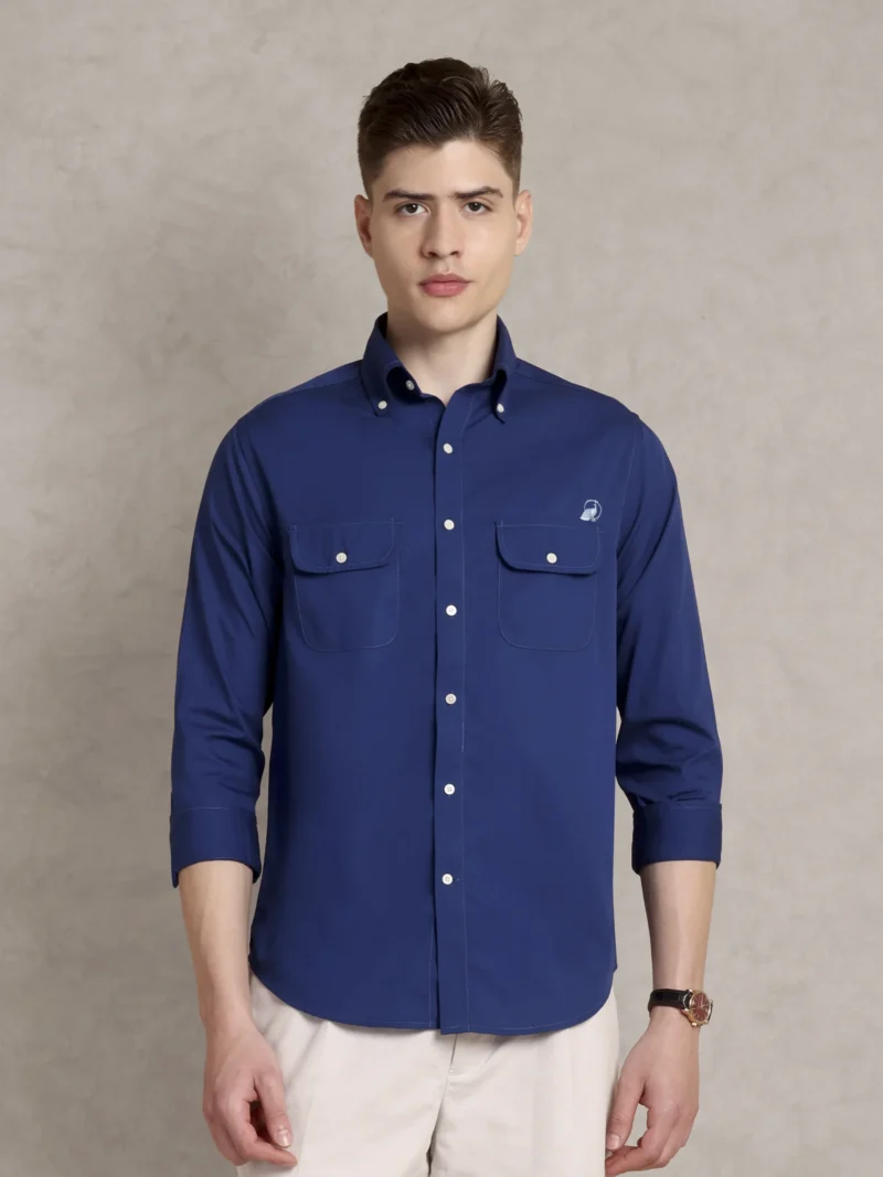 The Karikala: Regular Fitted Poplin Solid Royal Blue Double Pocket Shirt with Embroidery