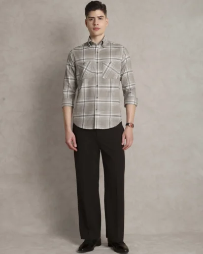The Karikala: Slim Fit Taupe Plaid Double Pocket Shirt with Embroidery