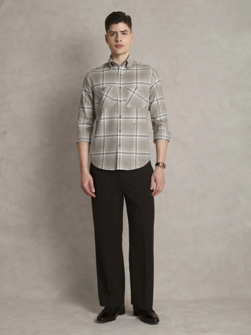 The Karikala: Regular Fitted Taupe Plaid Double Pocket Shirt with Embroidery