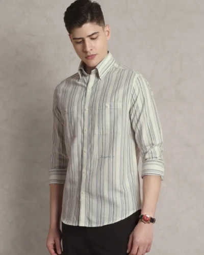 The Karikala: Slim Fit Checkered Grey Stripe Double Pocket Shirt with Embroidery
