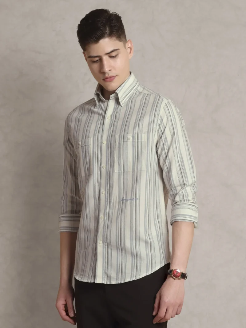 The Karikala: Regular Fitted Checkered Grey Stripe Double Pocket Shirt with Embroidery