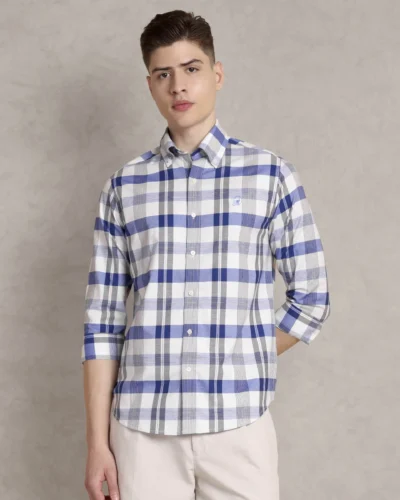 The Rawal: Slim Fit Checkered Blue Shirt with Embroidery