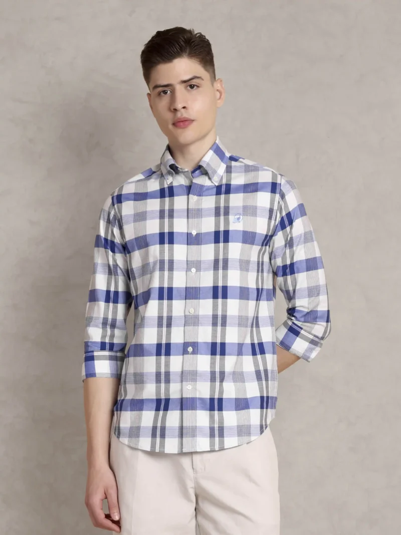 The Rawal: Regular Fitted Checkered Blue Shirt with Embroidery