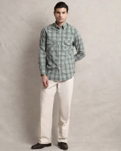 The Karikala: Slim Fit Poplin Checkered Pistacho Double Pocket Shirt with Embroidery